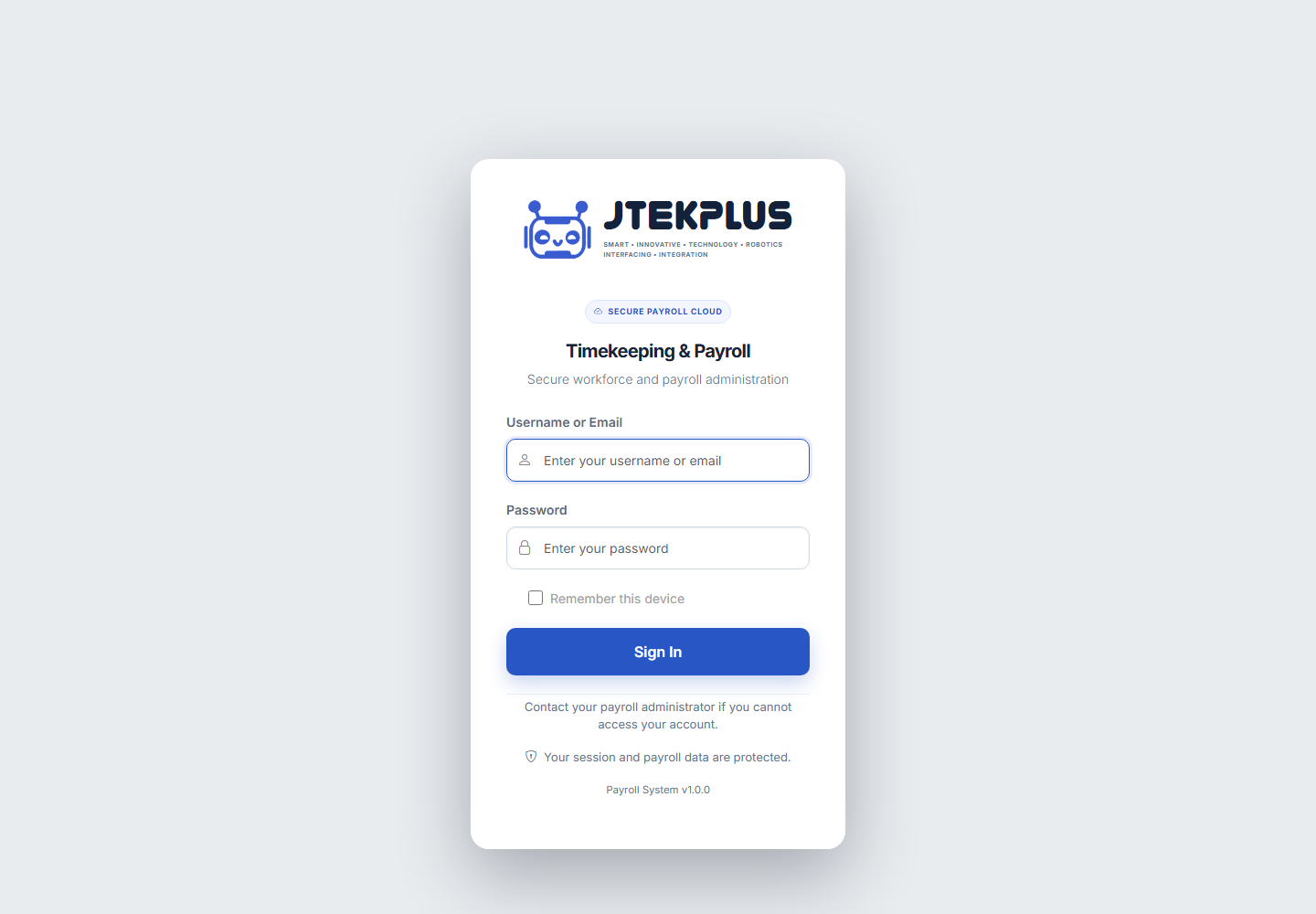 Current JTekPlus Payroll Cloud login interface